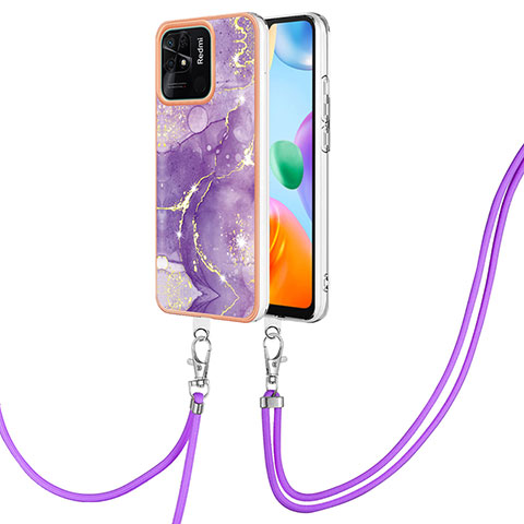 Coque Silicone Motif Fantaisie Souple Couleur Unie Etui Housse avec Laniere Strap YB5 pour Xiaomi Redmi 10 India Violet