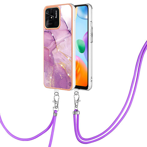 Coque Silicone Motif Fantaisie Souple Couleur Unie Etui Housse avec Laniere Strap YB5 pour Xiaomi Redmi 10 Power Violet Clair