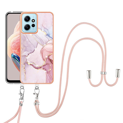 Coque Silicone Motif Fantaisie Souple Couleur Unie Etui Housse avec Laniere Strap YB5 pour Xiaomi Redmi Note 12 4G Rose