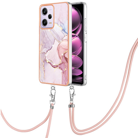 Coque Silicone Motif Fantaisie Souple Couleur Unie Etui Housse avec Laniere Strap YB5 pour Xiaomi Redmi Note 12 Pro 5G Rose