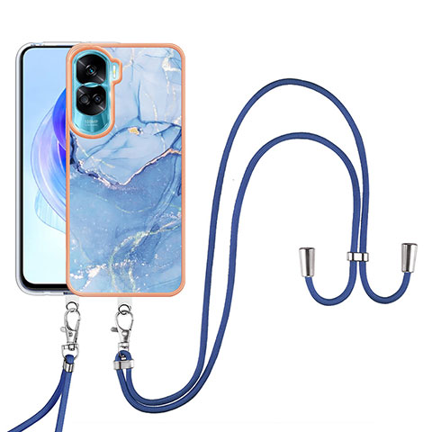 Coque Silicone Motif Fantaisie Souple Couleur Unie Etui Housse avec Laniere Strap YB7 pour Huawei Honor 90 Lite 5G Bleu