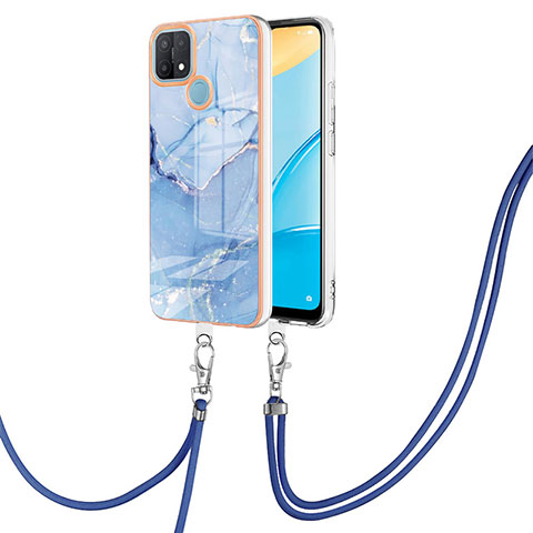 Coque Silicone Motif Fantaisie Souple Couleur Unie Etui Housse avec Laniere Strap YB7 pour Oppo A15 Bleu