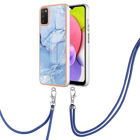 Coque Silicone Motif Fantaisie Souple Couleur Unie Etui Housse avec Laniere Strap YB7 pour Samsung Galaxy A03s Bleu