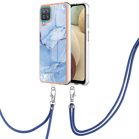 Coque Silicone Motif Fantaisie Souple Couleur Unie Etui Housse avec Laniere Strap YB7 pour Samsung Galaxy A12 5G Bleu