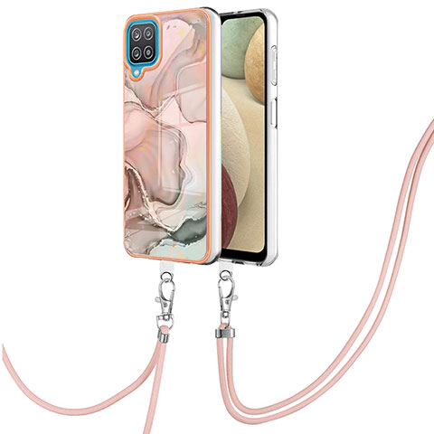 Coque Silicone Motif Fantaisie Souple Couleur Unie Etui Housse avec Laniere Strap YB7 pour Samsung Galaxy A12 5G Rose