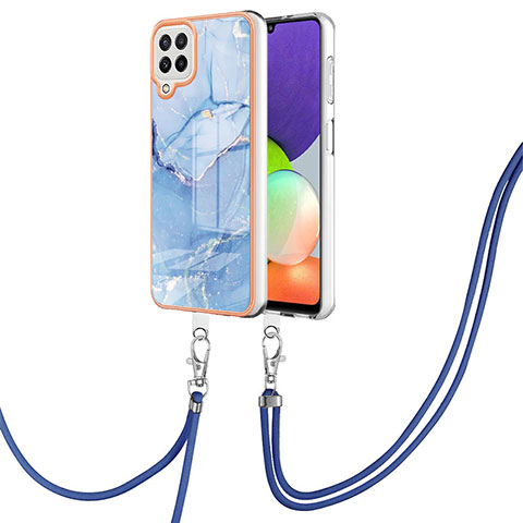 Coque Silicone Motif Fantaisie Souple Couleur Unie Etui Housse avec Laniere Strap YB7 pour Samsung Galaxy A22 4G Bleu