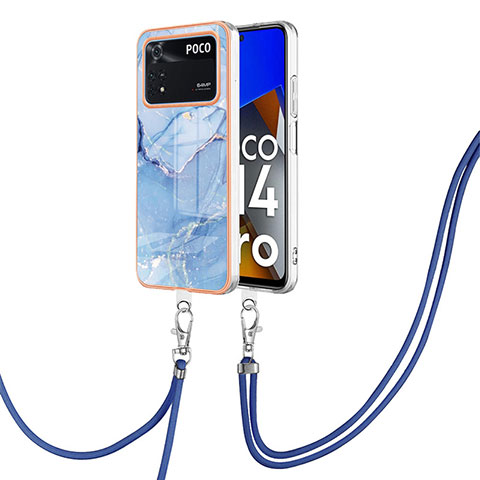 Coque Silicone Motif Fantaisie Souple Couleur Unie Etui Housse avec Laniere Strap YB7 pour Xiaomi Poco M4 Pro 4G Bleu