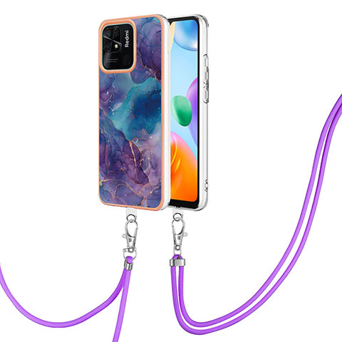 Coque Silicone Motif Fantaisie Souple Couleur Unie Etui Housse avec Laniere Strap YB7 pour Xiaomi Redmi 10 India Violet