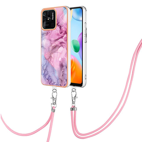 Coque Silicone Motif Fantaisie Souple Couleur Unie Etui Housse avec Laniere Strap YB7 pour Xiaomi Redmi 10 India Violet Clair