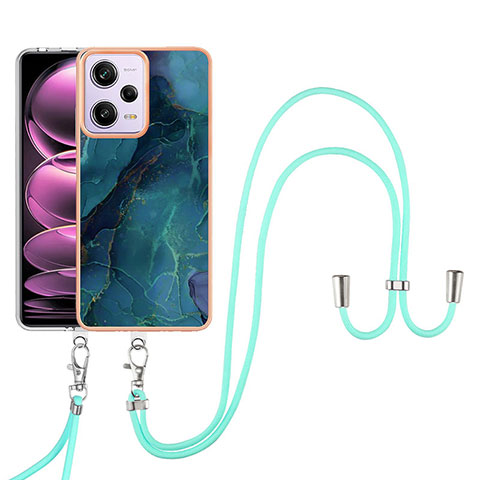 Coque Silicone Motif Fantaisie Souple Couleur Unie Etui Housse avec Laniere Strap YB7 pour Xiaomi Redmi Note 12 Pro 5G Vert