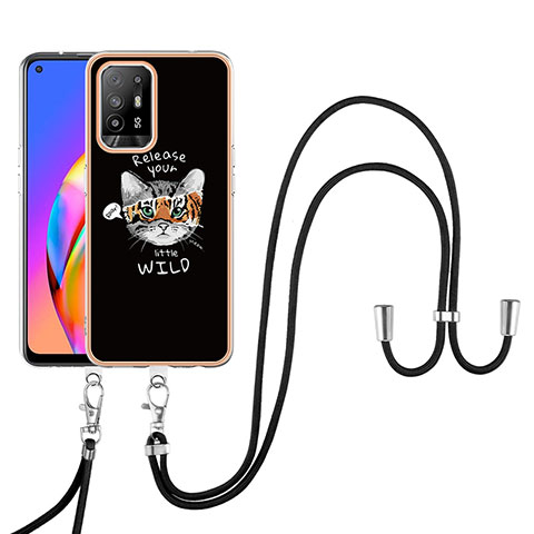 Coque Silicone Motif Fantaisie Souple Couleur Unie Etui Housse avec Laniere Strap YB8 pour Oppo A94 5G Noir