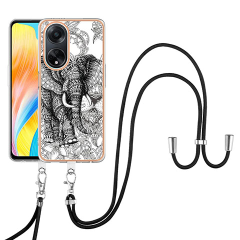 Coque Silicone Motif Fantaisie Souple Couleur Unie Etui Housse avec Laniere Strap YB8 pour Oppo A98 5G Gris