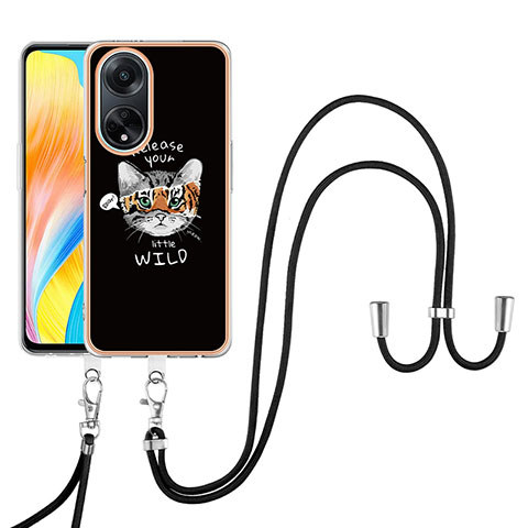 Coque Silicone Motif Fantaisie Souple Couleur Unie Etui Housse avec Laniere Strap YB8 pour Oppo A98 5G Noir