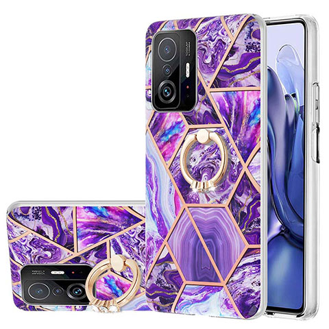 Coque Silicone Motif Fantaisie Souple Couleur Unie Etui Housse avec Support Bague Anneau Y01B pour Xiaomi Mi 11T Pro 5G Violet