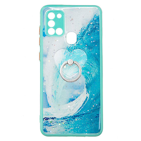 Coque Silicone Motif Fantaisie Souple Couleur Unie Etui Housse avec Support Bague Anneau Y01X pour Samsung Galaxy A21s Vert