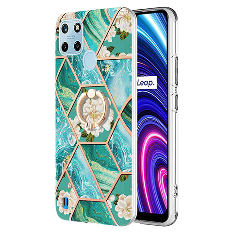 Coque Silicone Motif Fantaisie Souple Couleur Unie Etui Housse avec Support Bague Anneau Y02B pour Realme C25Y India Vert