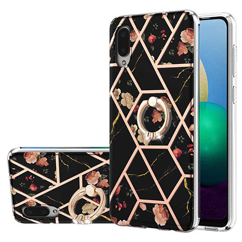 Coque Silicone Motif Fantaisie Souple Couleur Unie Etui Housse avec Support Bague Anneau Y02B pour Samsung Galaxy A02 Noir