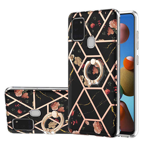 Coque Silicone Motif Fantaisie Souple Couleur Unie Etui Housse avec Support Bague Anneau Y02B pour Samsung Galaxy A21s Noir