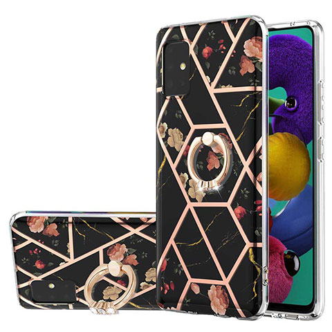 Coque Silicone Motif Fantaisie Souple Couleur Unie Etui Housse avec Support Bague Anneau Y02B pour Samsung Galaxy A51 4G Noir