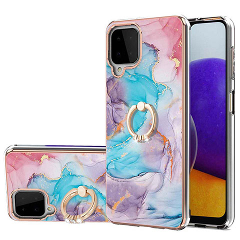 Coque Silicone Motif Fantaisie Souple Couleur Unie Etui Housse avec Support Bague Anneau Y03B pour Samsung Galaxy A22 4G Bleu