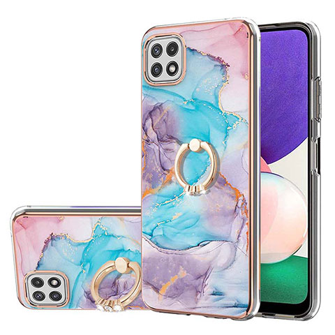 Coque Silicone Motif Fantaisie Souple Couleur Unie Etui Housse avec Support Bague Anneau Y03B pour Samsung Galaxy A22 5G Bleu