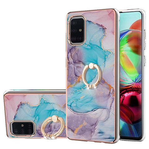 Coque Silicone Motif Fantaisie Souple Couleur Unie Etui Housse avec Support Bague Anneau Y03B pour Samsung Galaxy A71 4G A715 Bleu