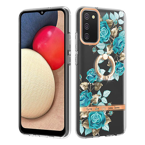 Coque Silicone Motif Fantaisie Souple Couleur Unie Etui Housse avec Support Bague Anneau Y06B pour Samsung Galaxy A02s Cyan