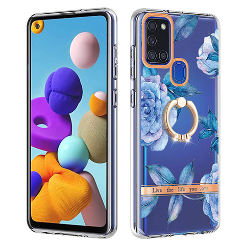 Coque Silicone Motif Fantaisie Souple Couleur Unie Etui Housse avec Support Bague Anneau Y06B pour Samsung Galaxy A21s Bleu