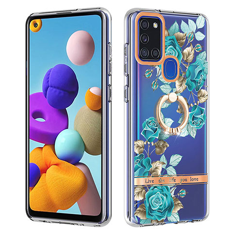 Coque Silicone Motif Fantaisie Souple Couleur Unie Etui Housse avec Support Bague Anneau Y06B pour Samsung Galaxy A21s Cyan