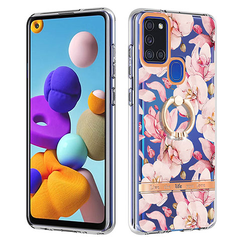 Coque Silicone Motif Fantaisie Souple Couleur Unie Etui Housse avec Support Bague Anneau Y06B pour Samsung Galaxy A21s Rose