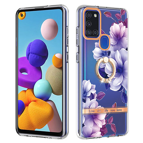 Coque Silicone Motif Fantaisie Souple Couleur Unie Etui Housse avec Support Bague Anneau Y06B pour Samsung Galaxy A21s Violet