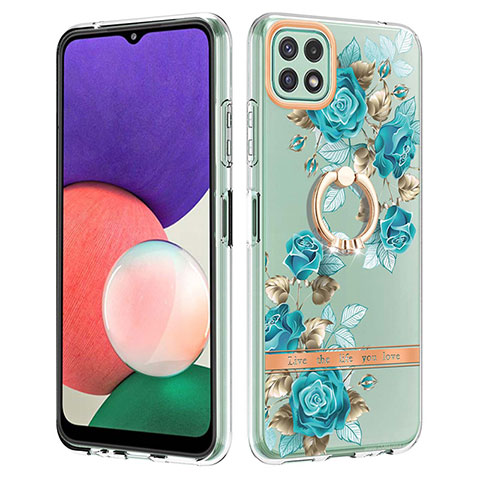 Coque Silicone Motif Fantaisie Souple Couleur Unie Etui Housse avec Support Bague Anneau Y06B pour Samsung Galaxy A22s 5G Cyan