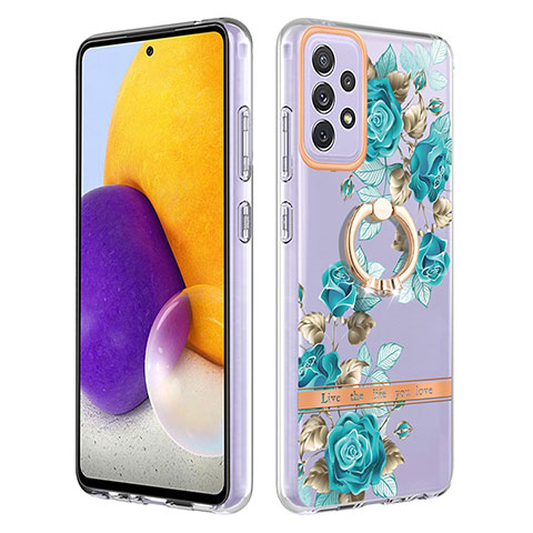 Coque Silicone Motif Fantaisie Souple Couleur Unie Etui Housse avec Support Bague Anneau Y06B pour Samsung Galaxy A72 5G Cyan