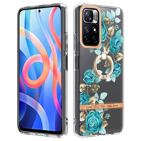 Coque Silicone Motif Fantaisie Souple Couleur Unie Etui Housse avec Support Bague Anneau Y06B pour Xiaomi Poco M4 Pro 5G Cyan