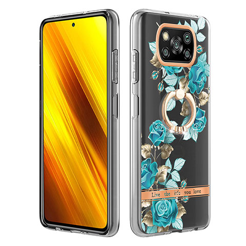 Coque Silicone Motif Fantaisie Souple Couleur Unie Etui Housse avec Support Bague Anneau Y06B pour Xiaomi Poco X3 NFC Cyan