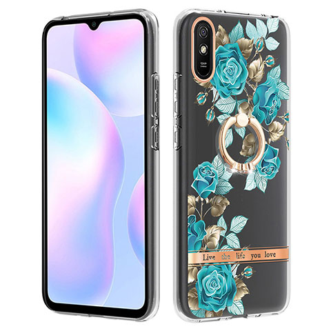 Coque Silicone Motif Fantaisie Souple Couleur Unie Etui Housse avec Support Bague Anneau Y06B pour Xiaomi Redmi 9A Cyan