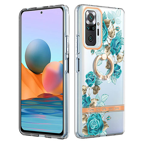 Coque Silicone Motif Fantaisie Souple Couleur Unie Etui Housse avec Support Bague Anneau Y06B pour Xiaomi Redmi Note 10 Pro Max Cyan