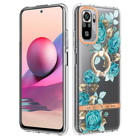 Coque Silicone Motif Fantaisie Souple Couleur Unie Etui Housse avec Support Bague Anneau Y06B pour Xiaomi Redmi Note 10S 4G Cyan