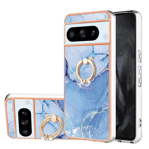 Coque Silicone Motif Fantaisie Souple Couleur Unie Etui Housse avec Support Bague Anneau YB1 pour Google Pixel 8 Pro 5G Bleu