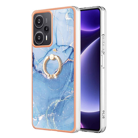 Coque Silicone Motif Fantaisie Souple Couleur Unie Etui Housse avec Support Bague Anneau YB1 pour Xiaomi Poco F5 5G Bleu