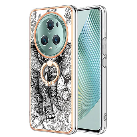 Coque Silicone Motif Fantaisie Souple Couleur Unie Etui Housse avec Support Bague Anneau YB2 pour Huawei Honor Magic5 Pro 5G Gris