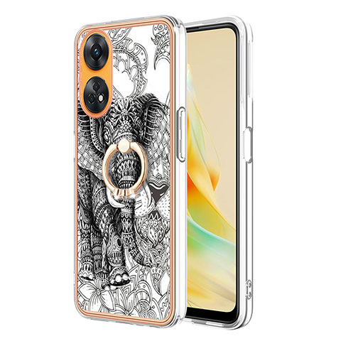 Coque Silicone Motif Fantaisie Souple Couleur Unie Etui Housse avec Support Bague Anneau YB2 pour Oppo Reno8 T 4G Gris