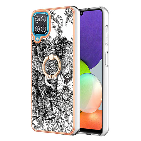 Coque Silicone Motif Fantaisie Souple Couleur Unie Etui Housse avec Support Bague Anneau YB2 pour Samsung Galaxy F12 Gris