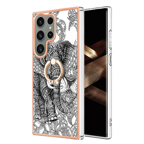 Coque Silicone Motif Fantaisie Souple Couleur Unie Etui Housse avec Support Bague Anneau YB2 pour Samsung Galaxy S24 Ultra 5G Gris