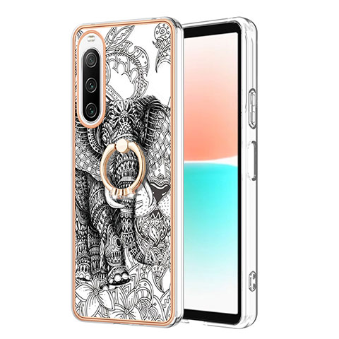 Coque Silicone Motif Fantaisie Souple Couleur Unie Etui Housse avec Support Bague Anneau YB2 pour Sony Xperia 10 IV Gris