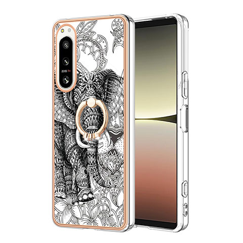 Coque Silicone Motif Fantaisie Souple Couleur Unie Etui Housse avec Support Bague Anneau YB2 pour Sony Xperia 5 IV Gris