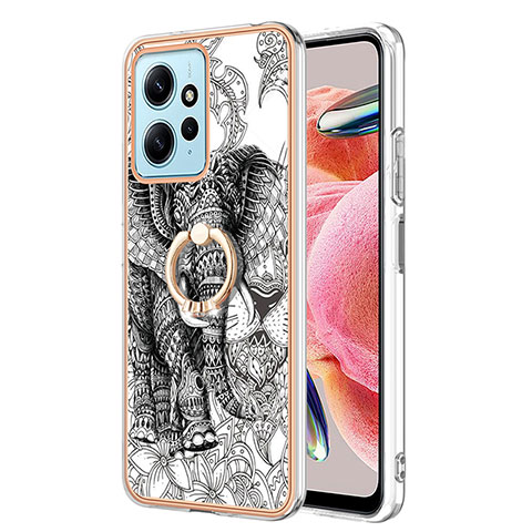 Coque Silicone Motif Fantaisie Souple Couleur Unie Etui Housse avec Support Bague Anneau YB2 pour Xiaomi Redmi Note 12 4G Gris