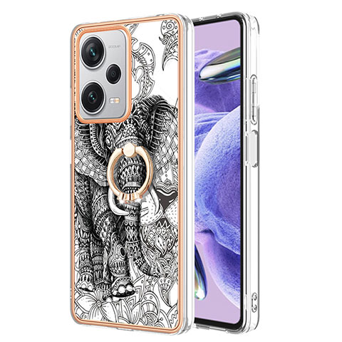 Coque Silicone Motif Fantaisie Souple Couleur Unie Etui Housse avec Support Bague Anneau YB2 pour Xiaomi Redmi Note 12 Explorer Gris