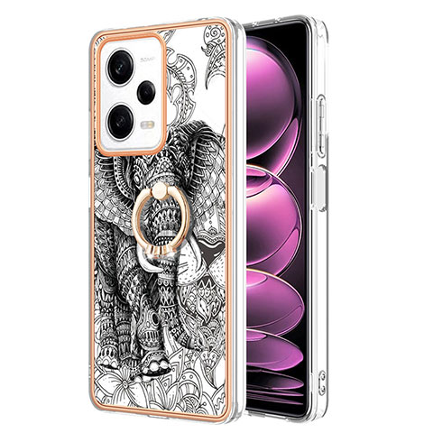 Coque Silicone Motif Fantaisie Souple Couleur Unie Etui Housse avec Support Bague Anneau YB2 pour Xiaomi Redmi Note 12 Pro 5G Gris