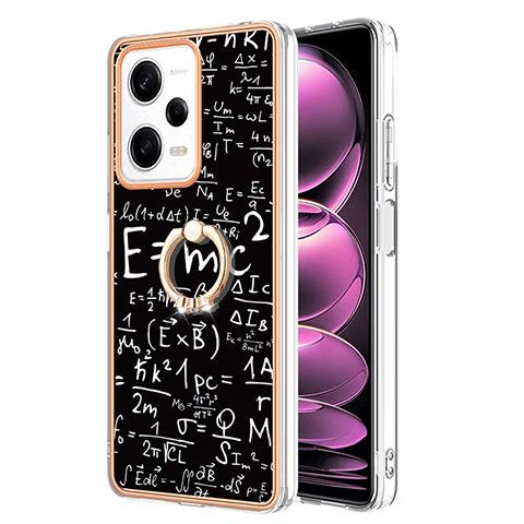 Coque Silicone Motif Fantaisie Souple Couleur Unie Etui Housse avec Support Bague Anneau YB2 pour Xiaomi Redmi Note 12 Pro 5G Noir